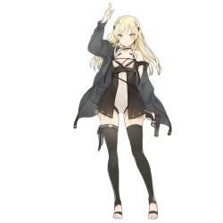 Rule 34 | 1girl, barefoot, black thighhighs, blonde hair, braid, breasts, cleavage, closed mouth, coat, collarbone, french braid, full body, girls&#039; frontline, grey eyes, gun, hair ornament, hand up, handgun, holding, holding gun, holding weapon, index finger raised, k5 (girls&#039; frontline), long hair, looking at viewer, lpip, medium breasts, official art, open clothes, open coat, pistol, smile, solo, thighhighs, toeless legwear, transparent background, weapon