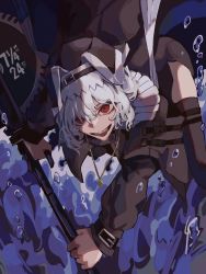 Rule 34 | 1girl, arknights, black headwear, black thighhighs, circular saw, commentary, grey hair, habit, highres, holding, holding weapon, jewelry, leaning forward, long sleeves, nun, open mouth, pendant, red eyes, renzeanue 10, saw, sharp teeth, solo, specter (arknights), teeth, thighhighs, thighs, water, weapon