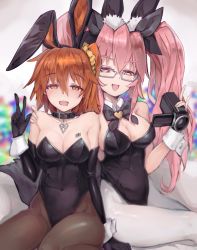 Rule 34 | 2girls, ahoge, animal ear fluff, animal ears, barcode, barcode tattoo, bare shoulders, black bow, black gloves, black leotard, blush, bow, breasts, brown pantyhose, cleavage, collarbone, covered navel, detached collar, drunk, elbow gloves, fake animal ears, fate/grand order, fate (series), fox tail, fujimaru ritsuka (female), glasses, gloves, hair between eyes, hair bow, hair ornament, hair scrunchie, highleg, highleg leotard, highres, hohaku, koyanskaya (assassin) (second ascension) (fate), koyanskaya (fate), large breasts, leotard, long hair, looking at viewer, medium breasts, multiple girls, one side up, open mouth, orange eyes, orange hair, pantyhose, pink hair, playboy bunny, rabbit ears, scrunchie, short hair, sidelocks, smile, strapless, strapless leotard, tail, tamamo (fate), tattoo, thighs, twintails, video camera, white pantyhose, wrist cuffs, yellow eyes