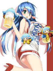 Rule 34 | 4girls, :o, alcohol, beer, blue hair, blush, breasts, budweiser, covered erect nipples, drink, fang, green eyes, high heels, hima, horns, large breasts, legs, long hair, momotarou densetsu, multiple girls, open mouth, pointy ears, simple background, single horn, solo, striped, striped background, yashahime (momotarou densetsu)