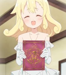 Rule 34 | 1girl, blonde hair, book, endro!, closed eyes, highres, rona pricipa o rabanesta, screencap, short hair, solo, standing, stitched, third-party edit