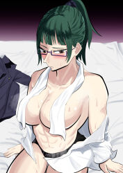 Rule 34 | 1girl, abs, bed, bed sheet, blush, breasts, convenient censoring, glasses, green hair, highres, jujutsu kaisen, large breasts, looking at viewer, navel, sitting, solo, topless, towel, towel over breasts, zenin maki
