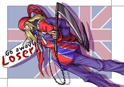 Rule 34 | 1boy, arc system works, axl low, bandana, blonde hair, blue eyes, chain, denim, english text, fingerless gloves, gloves, grin, guilty gear, jeans, king of unlucky, male focus, pants, smile, solo, union jack, vest