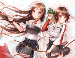 Rule 34 | 2girls, absurdres, arm warmers, bare shoulders, bell, black skirt, bow (weapon), braid, closed mouth, clothing cutout, collarbone, cowboy shot, eyelashes, fingers together, floating hair, frown, hand up, highres, holding, holding bow (weapon), holding weapon, japanese clothes, long hair, long sleeves, looking afar, looking to the side, looking up, machinery, multiple girls, muneate, open mouth, outstretched hand, pleated skirt, purple eyes, short hair, short sleeves, shoukaku (warship girls r), shoulder cutout, simple background, single arm warmer, skirt, standing, swept bangs, tears, turning head, very long hair, warship girls r, weapon, wide sleeves, wind, wristband, yellow eyes, zhou yu (ppaaqz1995), zuikaku (warship girls r)