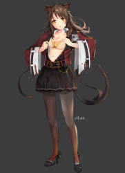 Rule 34 | 1girl, absurdres, animal ears, arknights, black footwear, black skirt, bra, brown eyes, brown hair, brown pantyhose, cat ears, cat tail, chinese commentary, commentary request, earrings, full body, grey background, high heels, highres, jacket, jewelry, long hair, long sleeves, looking at viewer, miniskirt, navel, open clothes, open jacket, pantyhose, parted lips, partial commentary, pleated skirt, red jacket, s-yiluo, simple background, skirt, skyfire (arknights), solo, standing, stomach, tail, thighs, underwear, wide sleeves