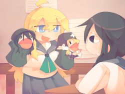Rule 34 | 2girls, ahoge, alternate costume, black eyes, black hair, blonde hair, blue eyes, blush, chito (shoujo shuumatsu ryokou), commission, highres, indoors, kill me baby, long hair, looking at another, low twintails, multiple girls, open mouth, parody, poppos, puppet, shoujo shuumatsu ryokou, smile, smug, tazi, twintails, yuuri (shoujo shuumatsu ryokou)