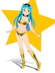 Rule 34 | 1girl, 3d, animal print, bare arms, bare shoulders, bikini, blender (medium), blue hair, blush, boots, breasts, closed mouth, commentary request, cone horns, eyebrows hidden by hair, full body, highres, horns, kuro kosyou, long hair, looking away, looking to the side, lum, navel, print bikini, print footwear, red eyes, shadow, simple background, small breasts, smile, solo, standing, star (symbol), swimsuit, tiger print, urusei yatsura, very long hair, white background, yellow bikini, yellow footwear