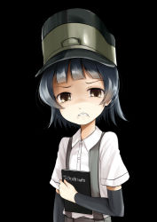 Rule 34 | 1girl, arare (kancolle), arm warmers, black background, black hair, blunt bangs, brown eyes, clenched teeth, collared shirt, death note, death note (object), dress shirt, green hat, grey skirt, hat, hugging object, kantai collection, kurona, looking at viewer, notebook, shirt, short hair, short sleeves, simple background, skirt, solo, suspender skirt, suspenders, teeth, upper body, white shirt