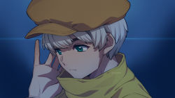 Rule 34 | 1boy, asada hachi, blue background, cabbie hat, closed mouth, commentary request, dr. stone, from side, green eyes, grey hair, hand up, hat, highres, jacket, looking down, male focus, orange hat, portrait, saionji ukyou, short hair, solo, twitter username, watermark, yellow jacket