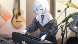 Rule 34 | 1girl, aged up, artist request, azur lane, belt, black jacket, black nails, blue eyes, blue hair, breasts, closed mouth, colored eyelashes, colored skin, drum, drum set, ear piercing, eyes visible through hair, fingernails, four-leaf clover necklace, game cg, guitar, highres, indoors, instrument, jacket, jewelry, keyboard (instrument), looking down, manjuu (azur lane), multicolored hair, music, nail polish, necklace, non-web source, official art, open clothes, pale skin, piercing, playing instrument, ribbon, shirt, short hair, small breasts, streaked hair, tb (azur lane), tb (type-a) (azur lane), two-tone hair, white hair, white shirt, white skin