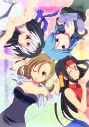Rule 34 | 4girls, :o, absurdres, bare shoulders, black dress, black hair, blue hair, blush, borrowed character, breasts, brown hair, cleavage, collarbone, dress, gloves, headband, highres, lying, multicolored hair, multiple girls, on back, open mouth, original, short hair, strapless, strapless dress, tennouji mamichi, tennouji masamichi, two-tone hair, upper body