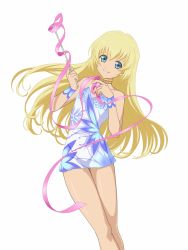 Rule 34 | 00s, 1girl, blonde hair, blue eyes, choker, colette brunel, dress, gymnastics, gymnastics ribbon, highres, holding, long hair, miniskirt, official alternate costume, official art, print skirt, rhythmic gymnastics, ribbon, ribbon baton, simple background, skirt, smile, solo, tales of (series), tales of link, tales of symphonia, white background