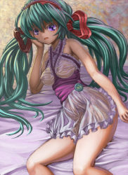Rule 34 | 1girl, blue eyes, breasts, dress, green hair, hair ribbon, hatsune miku, highres, long hair, lying, nipples, open mouth, purple eyes, ribbon, see-through, small breasts, solo, syuraime 0, twintails, very long hair, vocaloid