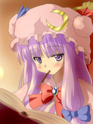 Rule 34 | 1girl, bad id, bad pixiv id, blush, book, crescent, female focus, food, fueiku, hat, long hair, mouth hold, patchouli knowledge, pocky, purple eyes, purple hair, solo, touhou