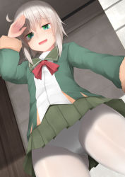 Rule 34 | 1girl, bad id, bad pixiv id, commentary request, from below, fur-trimmed sleeves, fur trim, green eyes, green skirt, jacket, kantai collection, long sleeves, looking at viewer, ne an ito, neck ribbon, panties, panties under pantyhose, pantyhose, pantyshot, pleated skirt, red ribbon, ribbon, school uniform, serafuku, shading eyes, shimushu (kancolle), short hair, silver hair, skirt, solo, underwear, white pantyhose