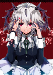 Rule 34 | 1girl, bad id, bad pixiv id, braid, female focus, hand on own face, hands on own face, highres, horns, izayoi sakuya, light smile, maid, manyako (mohumohu), nail polish, pink eyes, short hair, silver hair, solo, touhou, upper body