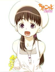 Rule 34 | 00s, 1girl, :d, bare shoulders, brown hair, choko, choko (chokotto sister), chokotto sister, dress, flower, hat, holding, holding behind back, jewelry, long hair, necklace, open mouth, pendant, purple eyes, shaded face, sidelocks, simple background, sleeveless, sleeveless dress, smile, solo, takeuchi sakura, white background