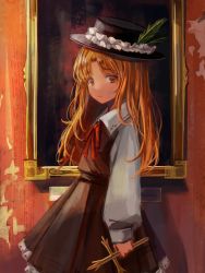 Rule 34 | 1girl, absurdres, arm at side, black dress, black hat, blonde hair, closed mouth, commentary request, cowboy shot, cross, dolls in pseudo paradise, dress, frilled dress, frills, from side, hat, hat feather, highres, holding, holding cross, jacket girl (dipp), long hair, long sleeves, looking at viewer, neck ribbon, red ribbon, ribbon, sero3eta, shirt, solo, touhou, white shirt