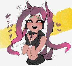 Rule 34 | ^ ^, animal ears, blush, brown hair, closed eyes, dark-skinned female, dark skin, dog ears, dog tail, enisabi, fang, fingerless gloves, gloves, hands up, heart, long hair, marina (splatoon), mole, mole under mouth, multicolored hair, navel, nintendo, octoling, open mouth, pink hair, sabi, smile, solo, splatoon (series), splatoon 2, suction cups, tail, tentacle hair, translation request