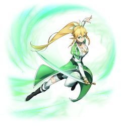 Rule 34 | 10s, 1girl, blonde hair, braid, breasts, cleavage, collar, collarbone, elf, full body, green eyes, hair ornament, highres, holding, holding sword, holding weapon, leafa, long hair, looking at viewer, official art, open mouth, pointy ears, side braid, simple background, solo, sword, sword art online, sword art online: code register, thighhighs, transparent background, twin braids, very long hair, waist cape, weapon, white background, white thighhighs