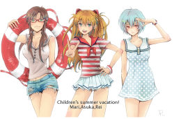 Rule 34 | 00s, 3girls, ayanami rei, bare shoulders, blue eyes, blue hair, bracelet, breasts, brown hair, buttons, cleavage, dress, evangelion: 2.0 you can (not) advance, glasses, green eyes, hand on own hip, hip focus, innertube, jewelry, long hair, makinami mari illustrious, midriff, multiple girls, nagisa-a, navel, neon genesis evangelion, polka dot, ponytail, rebuild of evangelion, red eyes, red hair, sailor, short hair, shorts, skirt, smile, souryuu asuka langley, striped, swim ring, torn clothes, twintails, unmoving pattern, v