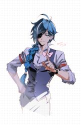 Rule 34 | 1boy, ahoge, black vest, blue eyes, blue hair, braid, cccgs5, clenched hand, closed mouth, dark-skinned male, dark skin, dress shirt, eyepatch, genshin impact, hand on own hip, highres, index finger raised, kaeya (genshin impact), long hair, looking ahead, looking at viewer, male focus, partially unbuttoned, patterned background, shirt, simple background, single braid, sleeves rolled up, smile, solo, upper body, vest, white background, white shirt