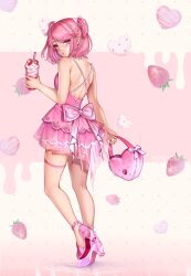 Rule 34 | 1girl, alternate costume, bag, bare arms, bare shoulders, blush, bow, cup, doki doki literature club, drinking straw, food, from behind, fruit, hair bow, heart-shaped bag, high heels, highres, holding, holding bag, holding cup, looking at viewer, looking back, medium hair, natsuki (doki doki literature club), pink bow, pink eyes, pink footwear, pink hair, potetos7, solo, strawberry, thigh strap, twintails