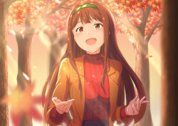 Rule 34 | 1girl, :d, autumn, black skirt, blazer, blurry, blurry foreground, blush, brown hair, brown jacket, dashimeshi, day, falling leaves, forest, green hairband, hairband, high-waist skirt, highres, idolmaster, idolmaster million live!, jacket, leaf, light rays, long bangs, long hair, long sleeves, looking at viewer, nature, open clothes, open jacket, open mouth, outdoors, raised eyebrows, red eyes, red sweater, sidelocks, skirt, smile, solo, straight hair, sweater, sweater tucked in, tanaka kotoha, tree, turtleneck, turtleneck sweater, upper body
