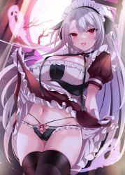 Rule 34 | 1girl, akatsuki (aktk511), black bow, black panties, blush, bow, breasts, cameltoe, cleft of venus, clothes lift, fangs, frills, ghost, gloves, hair bow, hair ornament, highres, indoors, lace, large breasts, lifted by self, light smile, long hair, looking at viewer, maid, maid headdress, moon, navel, open mouth, original, panties, red eyes, red moon, ribbon panties, solo, thighhighs, underwear, white hair