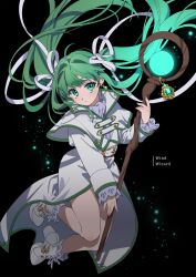 Rule 34 | 1girl, closed mouth, commission, green eyes, green hair, hair ribbon, high heels, highres, long hair, long sleeves, looking at viewer, mage staff, midair, moya (toatomoot), original, ribbon, robe, skeb commission, solo, twintails, very long hair, white footwear, white ribbon, white robe