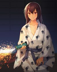 Rule 34 | 1girl, breasts, brown hair, cleavage, closed mouth, collarbone, commentary, darkness, fireworks, hair between eyes, holding, japanese clothes, kantai collection, kasumi (skchkko), kimono, light smile, long hair, long sleeves, looking at viewer, medium breasts, nagato (kancolle), open clothes, open kimono, red eyes, smile, solo, white kimono, wide sleeves, yukata