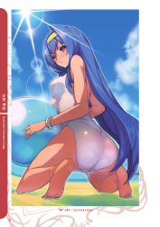 Rule 34 | 1girl, absurdres, akaga hirotaka, arcana heart, arcana heart 3, artist name, ass, ball, bare legs, bare shoulders, barefoot, beach, beachball, blue eyes, blue sky, blush, bracelet, breasts, closed mouth, cloud, cloudy sky, day, dutch angle, feet, fingernails, from behind, full body, hairband, highres, holding, jewelry, kneeling, long hair, looking at viewer, looking back, medium breasts, ocean, official art, one-piece swimsuit, outdoors, page number, red eyes, sand, scan, shiny skin, sky, soles, sunlight, swimsuit, tsuzura saki, water, white one-piece swimsuit