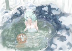 Rule 34 | 1girl, animal ears, bare shoulders, blue archive, breasts, bucket, choko (cup), cleavage, cup, green hair, halo, hand up, highres, holding, holding cup, medium breasts, naked towel, onsen, open mouth, partially submerged, shigure (blue archive), short hair, sitting, smile, snow, so-dar, solo, tokkuri, towel, towel on head, tree, water, wooden bucket