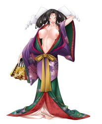 Rule 34 | areola slip, bare stomach, black hair, breasts, game cg, hand fan, holding, holding fan, japanese clothes, kashinkoji, kimono, large breasts, lilith-soft, lowres, navel, sengoku makan, white background, yellow eyes
