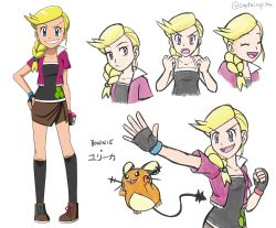 Rule 34 | 1girl, aged up, alternate costume, black socks, blonde hair, blue eyes, bonnie (pokemon), captainpiika, character name, collarbone, concept art, creatures (company), dedenne, determined, english text, fingerless gloves, game freak, gen 6 pokemon, gloves, hair ornament, hand on own hip, happy, highres, holding, holding poke ball, jacket, kneehighs, mega pokemon, mega stone, multicolored clothes, multiple views, nintendo, open mouth, outstretched hand, poke ball, poke ball (basic), pokemon, pokemon (anime), pokemon (creature), pokemon xy (anime), ponytail, print shirt, purple jacket, shirt, simple background, smirk, socks, tagme, teeth, v-shaped eyebrows, white background