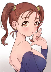 Rule 34 | 1girl, bare shoulders, blush, breasts, brown eyes, brown hair, commentary request, dragon quest, dragon quest viii, dress, earrings, from side, gradient background, grey background, hand up, highres, jessica albert, jewelry, large breasts, long hair, long sleeves, looking at viewer, miyama (kannsannn), off-shoulder dress, off shoulder, parted lips, purple dress, shoulder blades, solo, twintails, upper body, white background