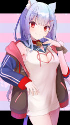 Rule 34 | 1girl, animal ear fluff, animal ears, bell, black jacket, blue hair, blue sailor collar, breasts, cat ears, cat girl, cat tail, cleavage, cleavage cutout, closed mouth, clothing cutout, collar, copyright request, drawstring, dress, hair ornament, hand up, heart, heart cutout, heart hair ornament, highres, hood, hood down, hooded jacket, jacket, jingle bell, letterboxed, long hair, long sleeves, medium breasts, neck bell, open clothes, open jacket, red collar, red eyes, sailor collar, sailor dress, sleeveless, sleeveless dress, sleeves past wrists, smile, solo, striped, striped background, tail, tomozero, very long hair, virtual youtuber, white dress