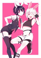 Rule 34 | 2boys, androgynous, animal ears, black shirt, black vest, brown hair, crop top, fake animal ears, formal, full body, garter straps, gloves, hands on own hips, highres, looking at viewer, male focus, multiple boys, one eye closed, open mouth, original, pink trim, pml, rabbit boy, rabbit ears, red eyes, shirt, short hair, shorts, smile, suit, thighhighs, trap, vest, waving, white hair, white shirt, white shorts
