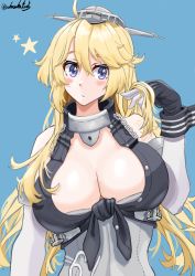 Rule 34 | 1girl, akasaka4005, blonde hair, blue background, blue eyes, breasts, corset, elbow gloves, fingerless gloves, front-tie top, gloves, headgear, highres, iowa (kancolle), kantai collection, large breasts, long hair, solo, star (symbol), star in eye, symbol in eye, upper body, very long hair