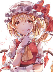 Rule 34 | 1girl, arm up, ascot, ayatsuki sugure, bat wings, blonde hair, blood, blood on face, bow, crystal, cup, dress, drinking glass, flandre scarlet, gloves, hair between eyes, hat, hat ribbon, highres, holding, long hair, looking at viewer, mob cap, petals, pointy ears, puffy sleeves, red bow, red dress, red eyes, ribbon, side ponytail, simple background, slit pupils, solo, stained clothes, tongue, tongue out, touhou, upper body, white background, white gloves, white hat, wine glass, wings, yellow ascot