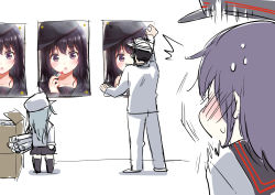 Rule 34 | 10s, 1boy, 2girls, admiral (kancolle), akatsuki (kancolle), anchor symbol, blue eyes, blush, box, commentary request, cosmetics, embarrassed, flat cap, hair between eyes, hat, hibiki (kancolle), jitome, kantai collection, lips, lipstick, lipstick tube, long hair, looking at another, looking at viewer, makeup, mirror, multiple girls, parted lips, poster (object), purple eyes, purple hair, reflection, remodel (kantai collection), school uniform, serafuku, silver hair, sketch, ^^^, sweatdrop, umakuchi shouyu (into-rain), upper body, verniy (kancolle)