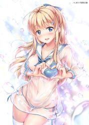 Rule 34 | 1girl, :d, ahoge, armpits, bad id, bad twitter id, bikini, bikini under clothes, blonde hair, blue bikini, blue eyes, blue neckwear, blue ribbon, blush, breasts, bubble, character request, cleavage, collarbone, commentary request, copyright request, dress, floating hair, groin, hair ornament, hair ribbon, head tilt, heart, heart hands, highres, large breasts, long hair, long sleeves, looking at viewer, navel, open mouth, ribbon, sailor collar, sailor dress, see-through, shirakawako, side-tie bikini bottom, sidelocks, smile, solo, star (symbol), star hair ornament, stomach, swimsuit, tareme, teeth, thighhighs, upper teeth only, watermark, white sailor collar, white thighhighs