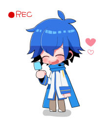 Rule 34 | 1boy, blue hair, blue scarf, blush, food, headset, heart, kaito (vocaloid), kore hitotsubu, male focus, popsicle, recording, scarf, smile, solo, vocaloid