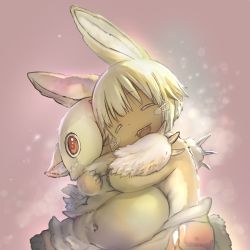 Rule 34 | 2others, androgynous, animal ears, closed eyes, facing another, fangs, furry, hug, made in abyss, mitty (made in abyss), multiple others, nanachi (made in abyss), official art, red eyes, short hair, teeth, tsukushi akihito, upper teeth only, whiskers, white hair