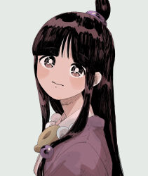 Rule 34 | 1girl, ace attorney, black eyes, black hair, blunt bangs, closed mouth, hair ornament, highres, jacket, japanese clothes, jewelry, long hair, long sleeves, looking at viewer, magatama, maya fey, necklace, omen hohoho, parted bangs, purple jacket, sidelocks, solo, upper body