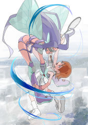 Rule 34 | 2girls, abstract background, absurdres, armor, bare shoulders, bent over, bikini, boots, breasts, butterfly hair ornament, butterfly wings, carrying, commentary request, covered eyes, crossover, digimon, digimon (creature), digimon adventure, digimon frontier, dress, facial mark, fairimon, floating, floating hair, full body, garter straps, gloves, hair between eyes, hair ornament, highres, holding, holding racket, insect wings, jewelry, long hair, looking at another, medium breasts, midriff, multiple girls, necklace, open mouth, parted bangs, purple bikini, purple hair, purple legwear, racket, revealing clothes, shoes, shoulder armor, sidelocks, skirt, sleeveless, sleeveless dress, smile, sneakers, socks, sportswear, surprised, swimsuit, takenouchi sora, tantanmen, tennis racket, tennis uniform, thigh boots, thighhighs, visor, white dress, white footwear, white legwear, wings