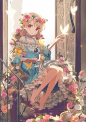 Rule 34 | 1girl, absurdly long hair, absurdres, architecture, barefoot, blue dress, book, book on lap, brown eyes, brown hair, bug, butterfly, chipmunk, commentary request, dress, flower, frilled dress, frills, hair flower, hair ornament, hand up, head wreath, highres, idolmaster, idolmaster cinderella girls, insect, lock, long hair, looking at viewer, morikubo nono, open book, open mouth, orange flower, orange rose, pink flower, pink rose, rose, shisui (5830217), short sleeves, sitting, solo, squirrel, stairs, very long hair, white flower, white rose