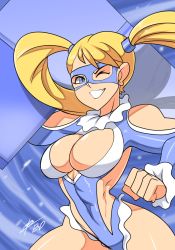 Rule 34 | 1girl, ;d, bad id, bad tumblr id, bigdead, blonde hair, blue eyes, breasts, cleavage, cleavage cutout, clothing cutout, evolution championship series, grin, highres, large breasts, leotard, long hair, mask, one eye closed, open mouth, rainbow mika, smile, solo, street fighter, street fighter v, twintails
