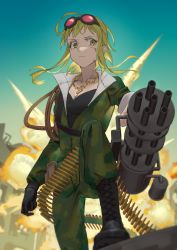 Rule 34 | 1girl, ammunition, ammunition belt, backlighting, black footwear, black gloves, blood, blood on face, bokura no 16bit warz (vocaloid), boots, bullet necklace, camouflage, camouflage jacket, camouflage pants, chain, chain necklace, commentary, cross-laced footwear, cuts, explosion, frown, gloves, goggles, goggles on head, green eyes, green hair, gumi, gun, highres, holding, holding gun, holding weapon, injury, jacket, jewelry, lace-up boots, machine gun, medium hair, necklace, outdoors, pants, red goggles, ruins, sky, solo, vocaloid, weapon, wounds404