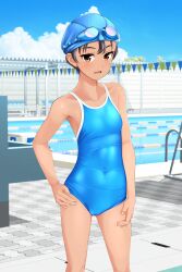 Rule 34 | 1girl, absurdres, aqua one-piece swimsuit, black hair, blue headwear, blue sky, brown eyes, cloud, commentary request, competition school swimsuit, covered navel, day, feet out of frame, goggles, goggles on head, hand on own hip, highres, lane line, one-piece swimsuit, original, outdoors, pool, pool ladder, school swimsuit, short hair, sky, solo, standing, starting block, string of flags, swim cap, swimsuit, takafumi, tan, tomboy, variant set
